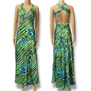 Deb Vibrant Green & Blue Animal Print Backless Halter Gown